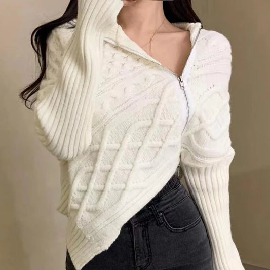 LVSANW Autumn and Winter Irregular Side Zipper Solid Knitwear Knitted Cardigan Women Long Sleeve Turtleneck Sweater Top