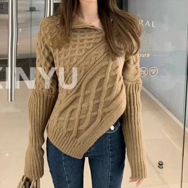 LVSANW Autumn and Winter Irregular Side Zipper Solid Knitwear Knitted Cardigan Women Long Sleeve Turtleneck Sweater Top