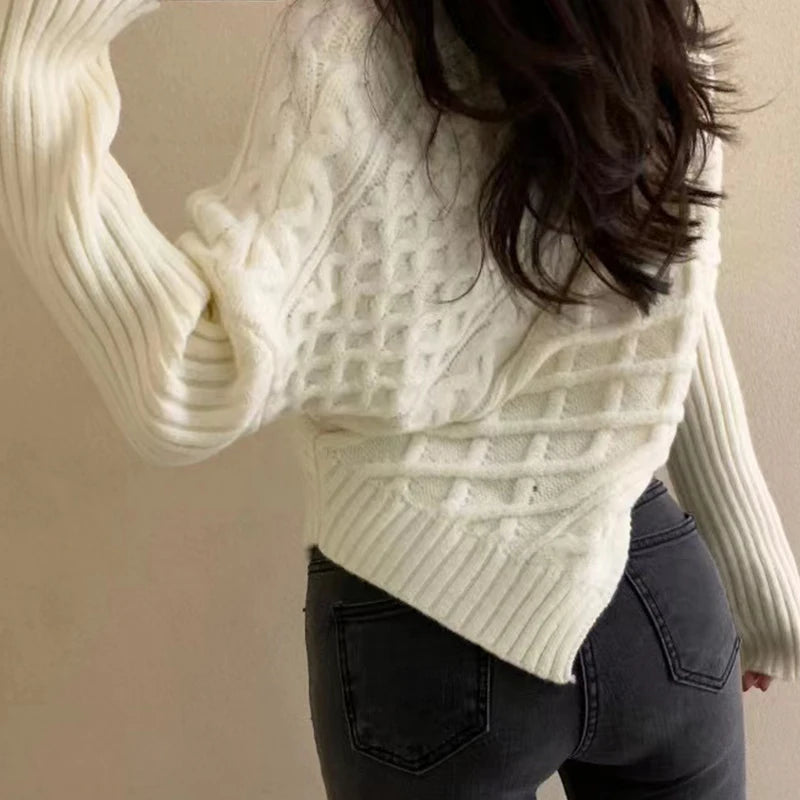 LVSANW Autumn and Winter Irregular Side Zipper Solid Knitwear Knitted Cardigan Women Long Sleeve Turtleneck Sweater Top