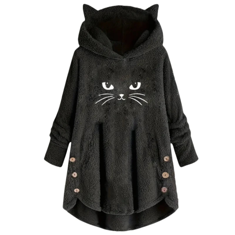 LVSANW Autumn and Winter Plush Letter Cartoon Print Cat Ears Long-Sleeved Pullover Hooded Loose Casual Street Sweatshirt Women's Warm Top