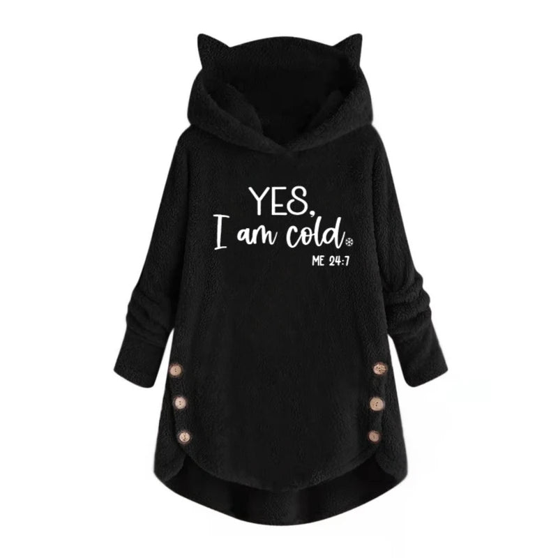 LVSANW Autumn and Winter Plush Letter Cartoon Print Cat Ears Long-Sleeved Pullover Hooded Loose Casual Street Sweatshirt Women's Warm Top