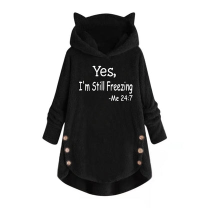 LVSANW Autumn and Winter Plush Letter Cartoon Print Cat Ears Long-Sleeved Pullover Hooded Loose Casual Street Sweatshirt Women's Warm Top