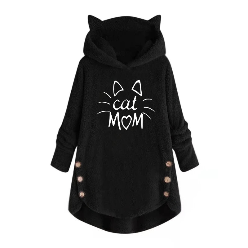 LVSANW Autumn and Winter Plush Letter Cartoon Print Cat Ears Long-Sleeved Pullover Hooded Loose Casual Street Sweatshirt Women's Warm Top