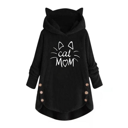 LVSANW Autumn and Winter Plush Letter Cartoon Print Cat Ears Long-Sleeved Pullover Hooded Loose Casual Street Sweatshirt Women's Warm Top