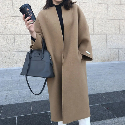 LVSANW Autumn and Winter Tweed Jacket Women Korean Fashion Luxury Commuter Solid Colour Long-sleeved Straight Loose Oversized Long Coat