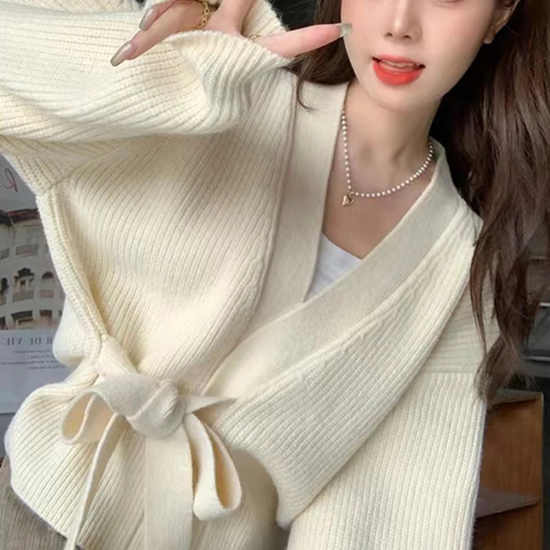 LVSANW Autumn and Winter Women Solid Loose Knitwear Coat Casual Long Sleeve Lace Up Knitted Cardigan Elegant Top Sweater