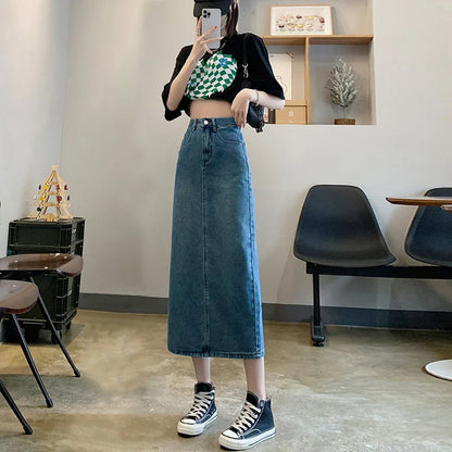 LVSANW Autumn and winter women's long skirt high waist thin A-line skirt 2024 new denim skirt split half skirt simple skirt