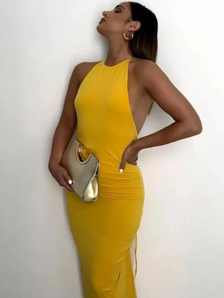 LVSANW BIG PROMOTION Slim Fit Solid Elegant Sexy Large Open Back Strap Dress Pleated Summer Women's Y2K2024 Women's Fashion