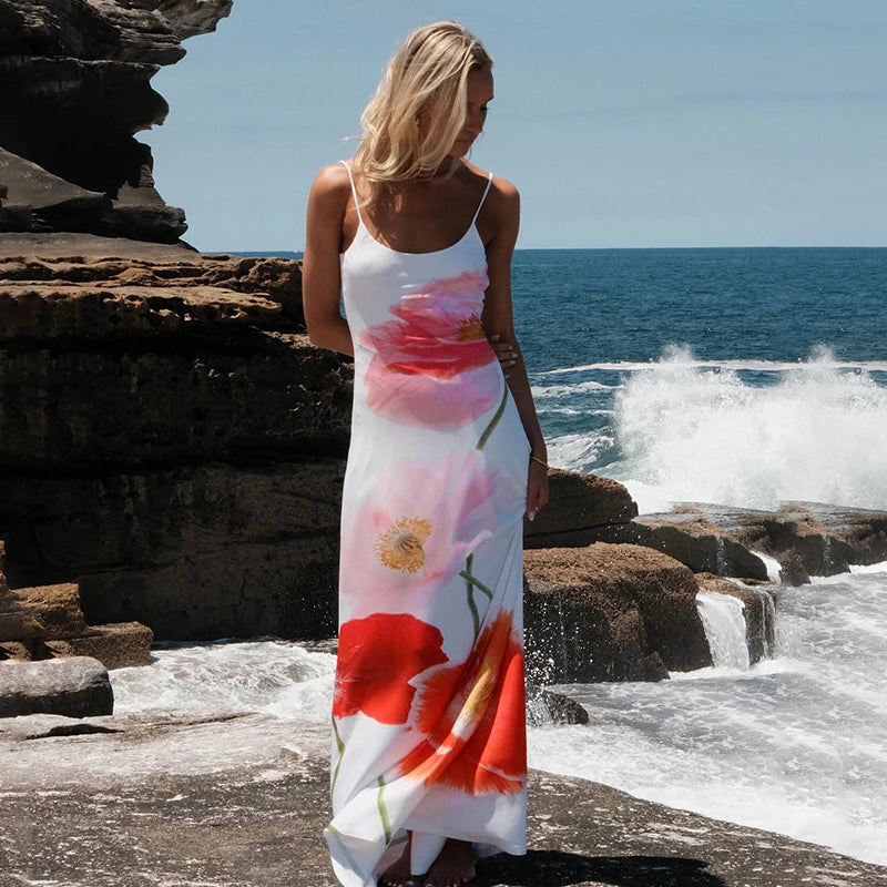 LVSANW BIIKPIIK Vacation Floral Print Maxi Dress Fashion Elegant Backless Slim Fit Slip Dresses Beach Holiday Female Gown Spring Summer