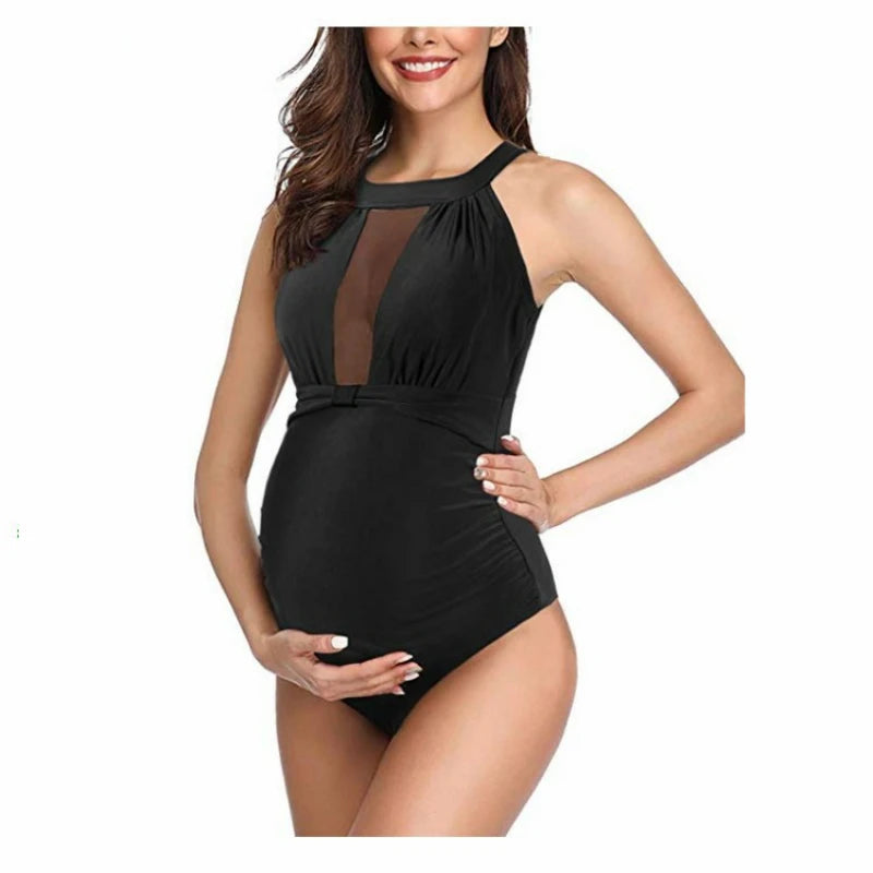 LVSANW BIKINI European and American Pregnant Mother Summer Solid One Piece Swimsuit Plus Size Maternity Clothes Bathing Suits Glittet