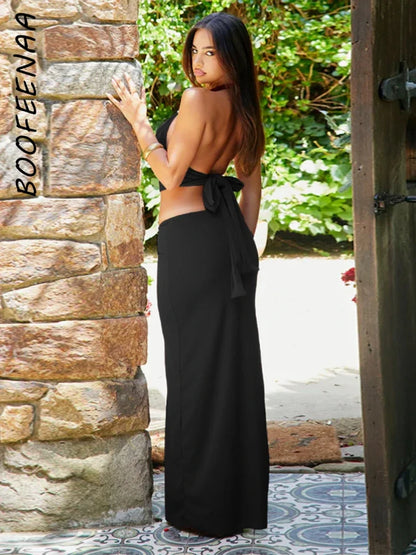 LVSANW BOOFEENAA Sexy Two Piece Crop Top Long Skirt Set Classy Elegant Clothes Co Ord Summer Set Sexy Vacation Outfits C66-DZ32