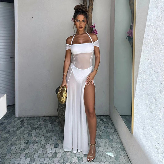 LVSANW BUILDINGB Women 2024 Summer New Style Halter Neck Mesh See Through Side Open Dress Elegant Party Beach Club Clothing Long Dress