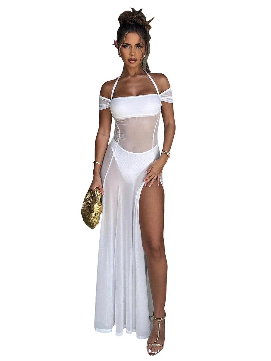 LVSANW BUILDINGB Women 2024 Summer New Style Halter Neck Mesh See Through Side Open Dress Elegant Party Beach Club Clothing Long Dress