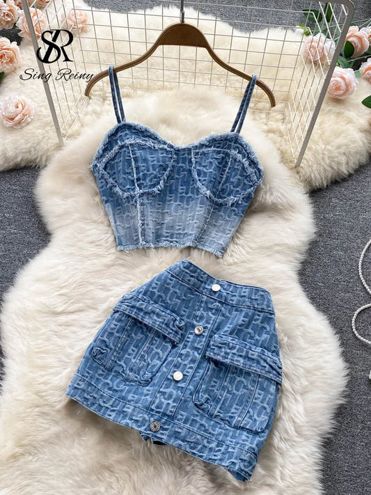 LVSANW Babyoung Women Summer Sexy Denim Set Strapless Sling Zipper Design Tops + Short Button Mini Skirt Short Jeans Two Piece Suits