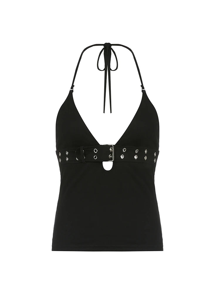 LVSANW Backless Eyelet Buckle Lace-Up V Neck Halter Crop Vest Top Women Punk Style Gothic Streetwear