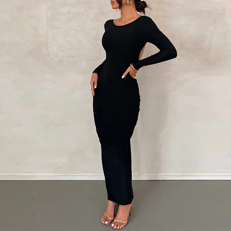 LVSANW Backless Ruched Long Dress Women Sexy Long Sleeve Back Hollow Out Chic Female Elegant Evening Party Maxi Dresses Outfits