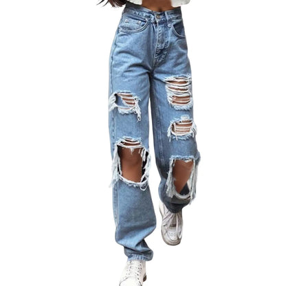 LVSANW Baggy Jeans For Women Streetwear Holes Ripped Jeans Korean Fashion Straight Leg Trousers High Waist Washed Denim Pants джинсы