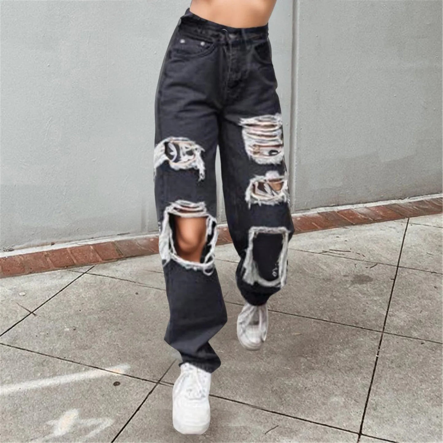 LVSANW Baggy Jeans For Women Streetwear Holes Ripped Jeans Korean Fashion Straight Leg Trousers High Waist Washed Denim Pants джинсы