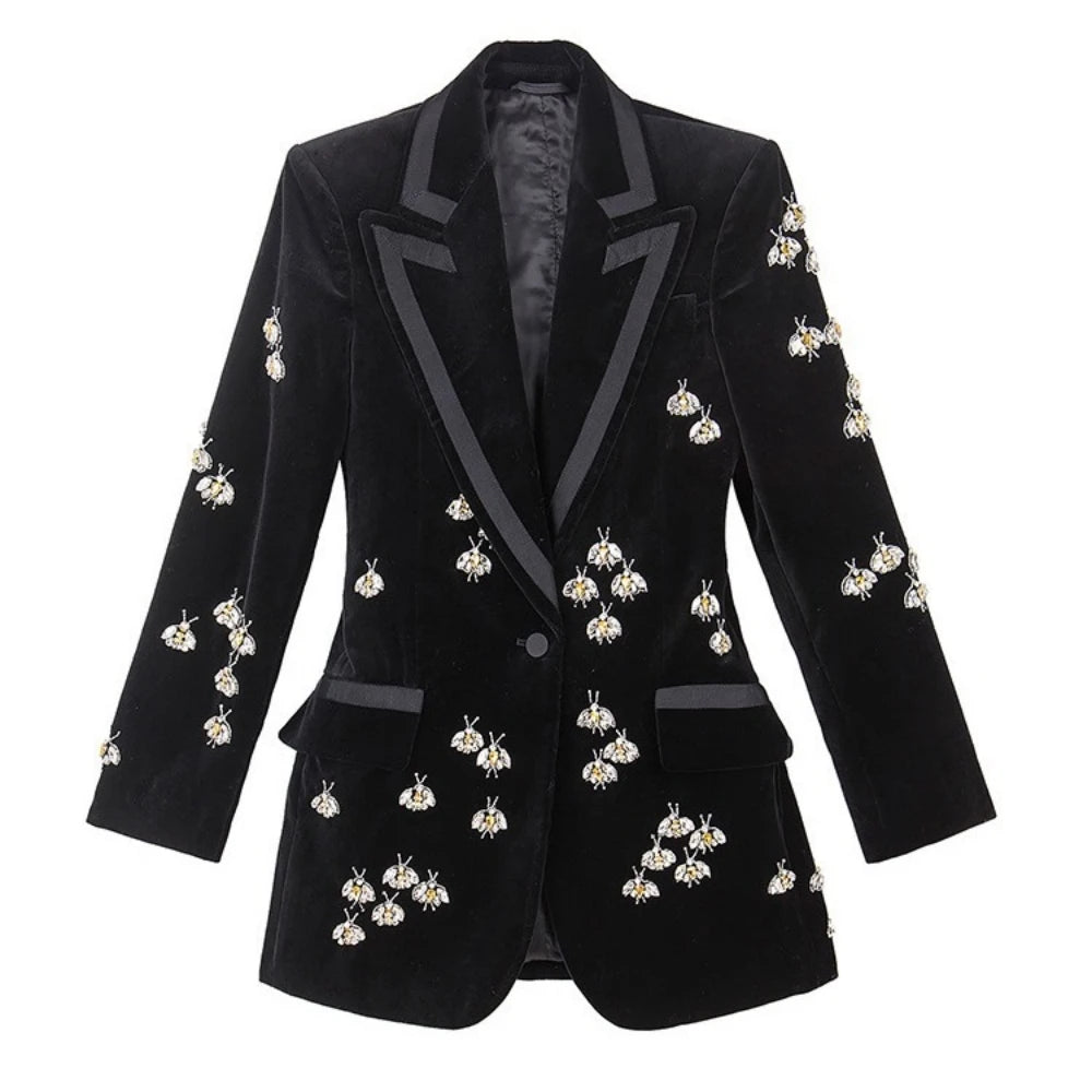 LVSANW Bee Diamond Studded Bead Design Velvet Blazer For Women Black High Waist Long Sleeve Causal Jackets Female Fashion New