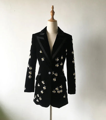 LVSANW Bee Diamond Studded Bead Design Velvet Blazer For Women Black High Waist Long Sleeve Causal Jackets Female Fashion New