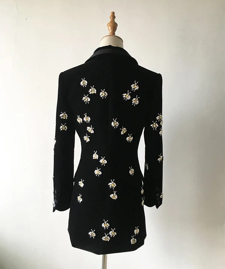 LVSANW Bee Diamond Studded Bead Design Velvet Blazer For Women Black High Waist Long Sleeve Causal Jackets Female Fashion New