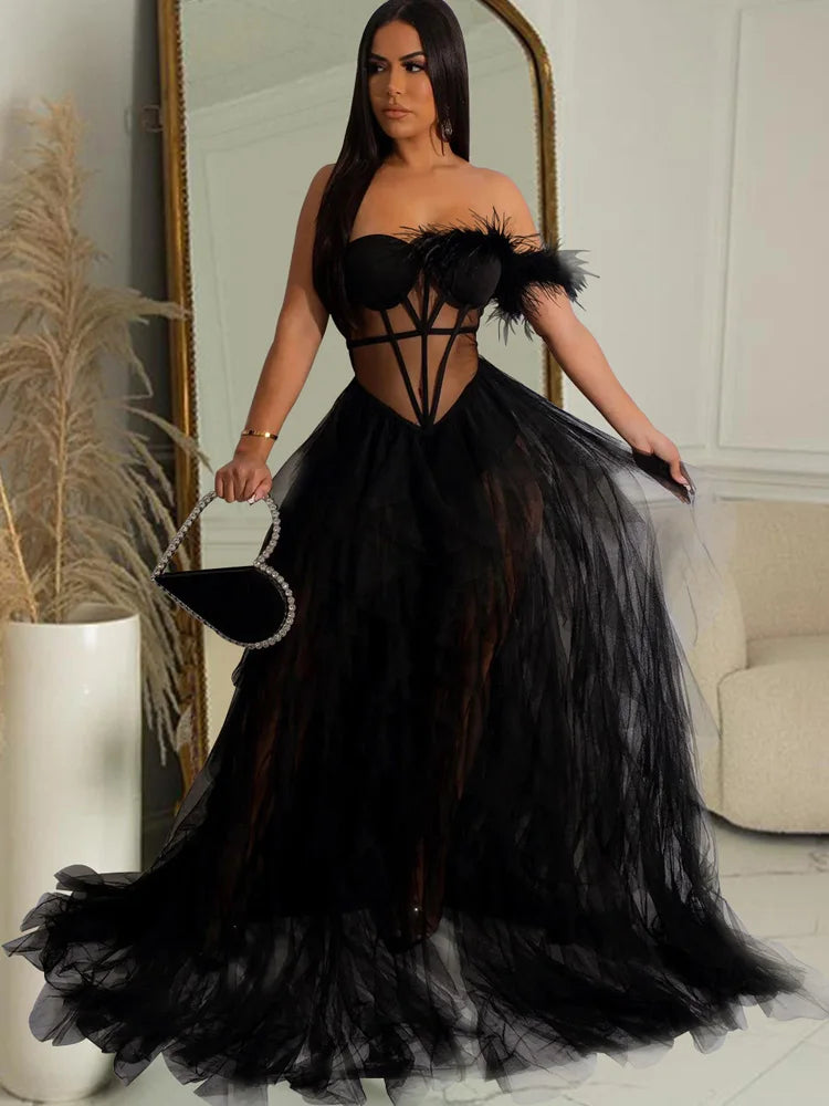 LVSANW Beyprern Beautiful Ruffles Chffion Party Feather Maxi Dress Elegant Sheer Mesh Corset Long Party Dress Gowns Birthday Outfits