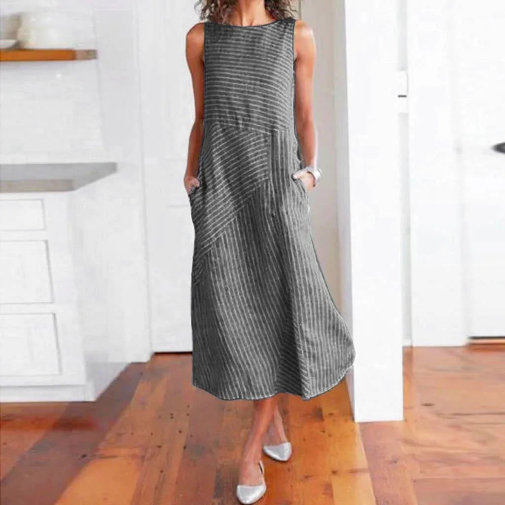 LVSANW Birthday Party Dress Women Casual Neck Dress Dress Striped Long Print Pocket Women Sleeveless Women'S Dresses For Women Casual