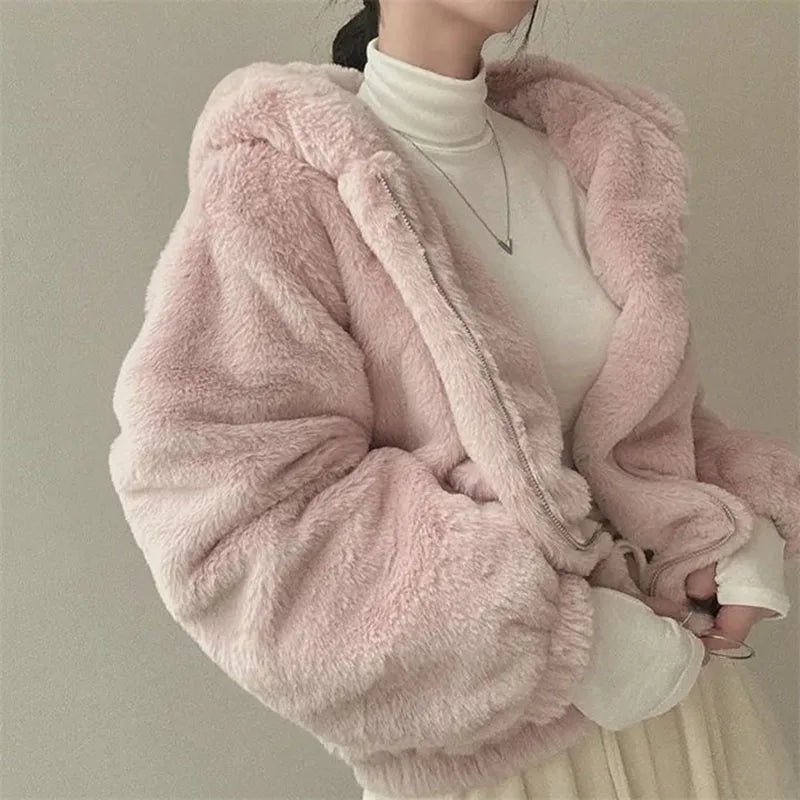 LVSANW Biyaby Winter Faux Fur Hooded Outwear Women High Quality Streetwear Zipper Solid Coats Female Korean Thicken Plush Warm Jackets