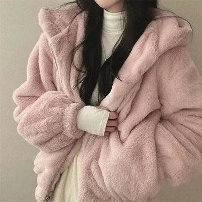 LVSANW Biyaby Winter Faux Fur Hooded Outwear Women High Quality Streetwear Zipper Solid Coats Female Korean Thicken Plush Warm Jackets