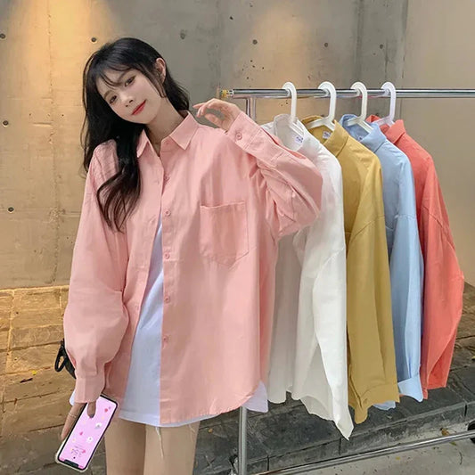 LVSANW Biyaby pink white yellow blouse female 2024 spring Joker loose pocket long sleeve shirt ladies street casual loose shirt