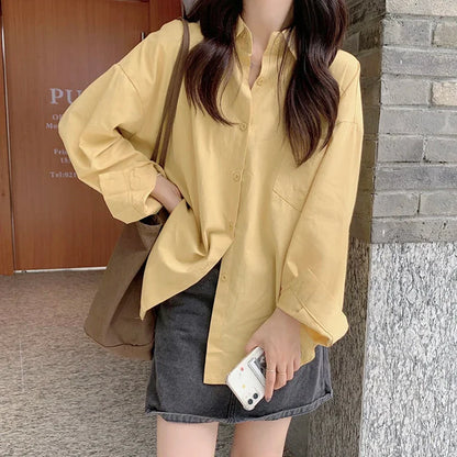 LVSANW Biyaby pink white yellow blouse female 2024 spring Joker loose pocket long sleeve shirt ladies street casual loose shirt