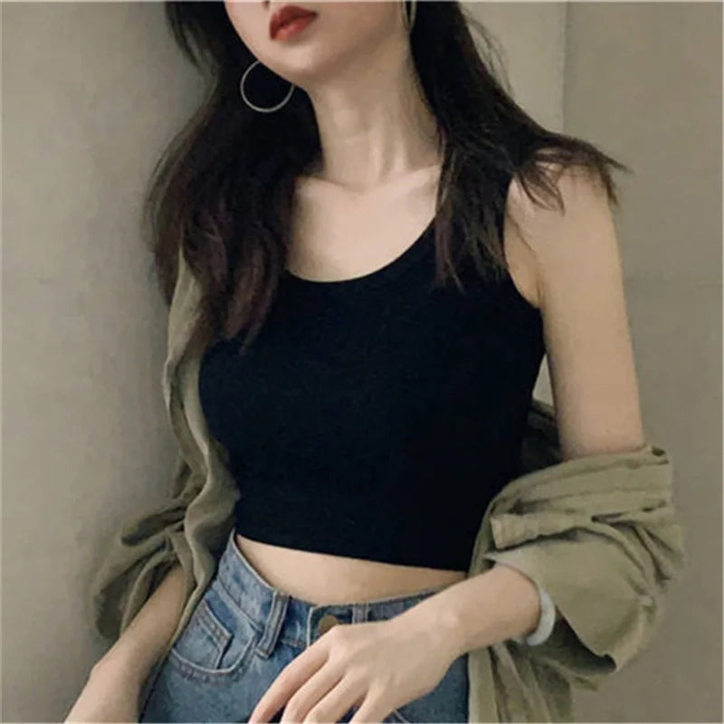 LVSANW Black Knitted Round Neck Women T-shirt Sexy Sleeveless Camisole Crop Top Woman Tight Stretch Tank Top Ladies Tee Top Streetwear
