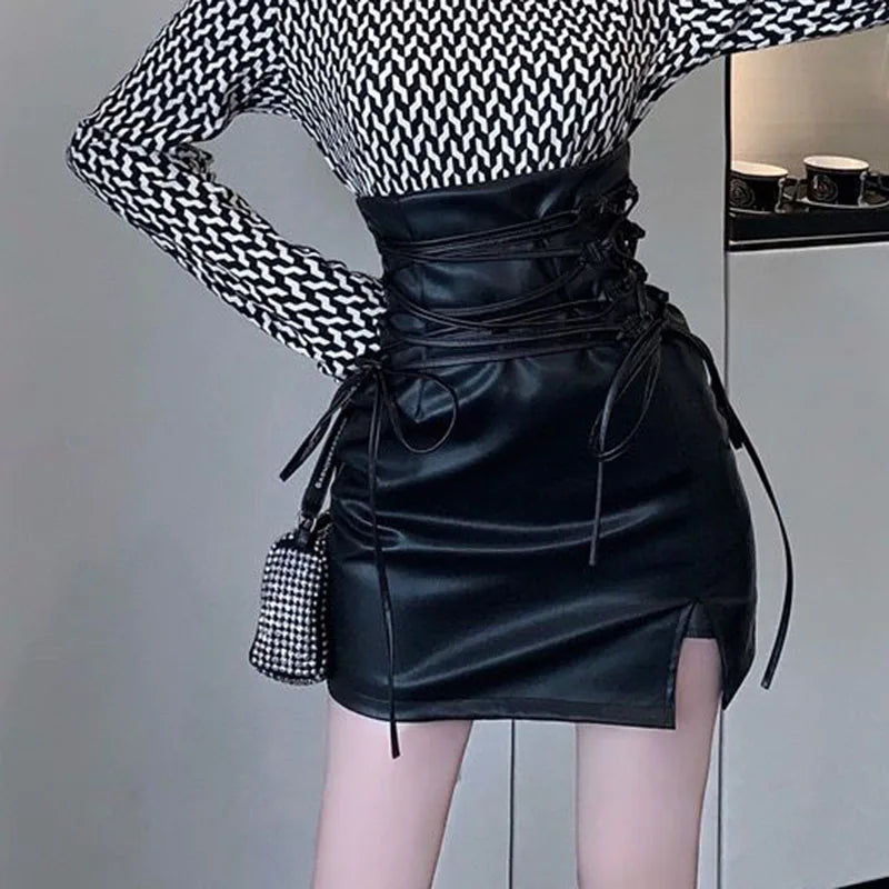 LVSANW Black Leather Mini Skirts Women Gothic High Waist Slim Fit Lace-Up Pencil Skirt Female Sexy Club Back Zipper Split Bag Hip Skirt