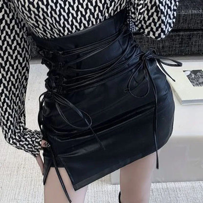 LVSANW Black Leather Mini Skirts Women Gothic High Waist Slim Fit Lace-Up Pencil Skirt Female Sexy Club Back Zipper Split Bag Hip Skirt