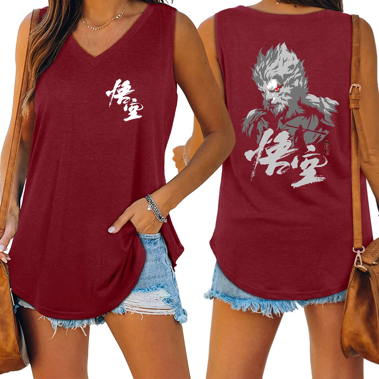 LVSANW Black Myth Wukong Sun Wukong Tank V-neck Female Vest Loose Oversized Women No Sleeve Top