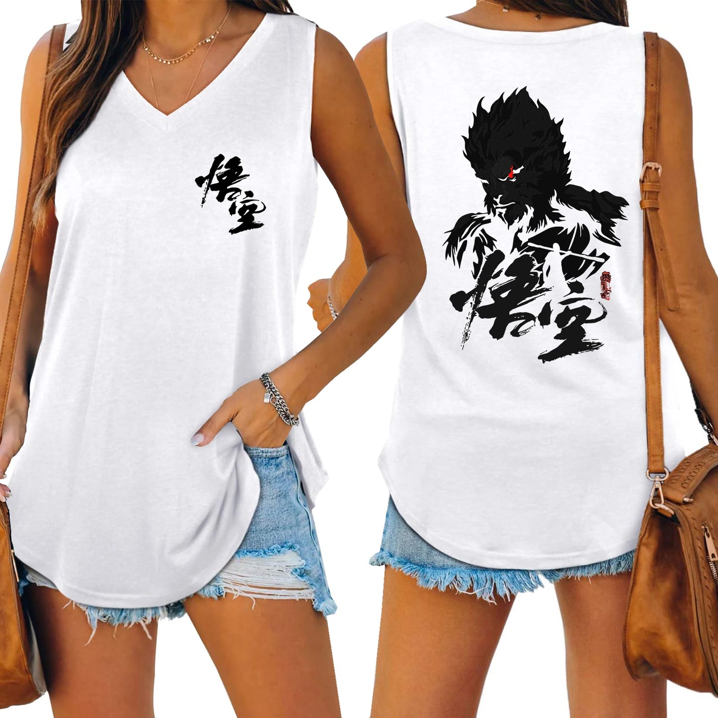 LVSANW Black Myth Wukong Sun Wukong Tank V-neck Female Vest Loose Oversized Women No Sleeve Top