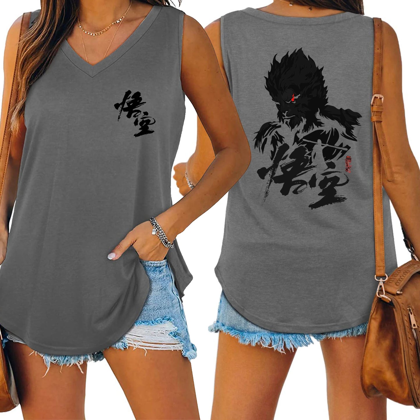 LVSANW Black Myth Wukong Sun Wukong Tank V-neck Female Vest Loose Oversized Women No Sleeve Top