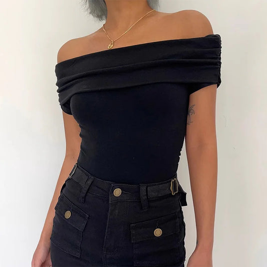 LVSANW Black Off Shoulder Elegant Short Tops Side Pleated Fashion Slim Sexy Cropped T Shirt Women Summer Y2k Clothing Skinny Top