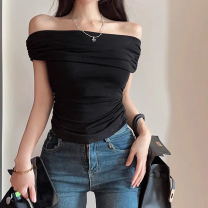 LVSANW Black Off Shoulder Elegant Short Tops Side Pleated Fashion Slim Sexy Cropped T Shirt Women Summer Y2k Clothing Skinny Top