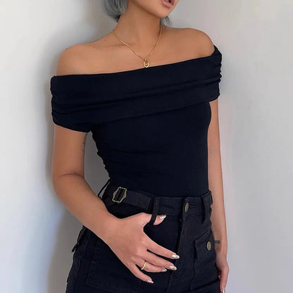 LVSANW Black Off Shoulder Elegant Short Tops Side Pleated Fashion Slim Sexy Cropped T Shirt Women Summer Y2k Clothing Skinny Top