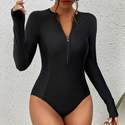 LVSANW Black One-Piece Swimsuits Closed Long Sleeve Swimwear For Sports Surfing Bodysuit Women Swim Bathing Suit Beachwear Pool Bather