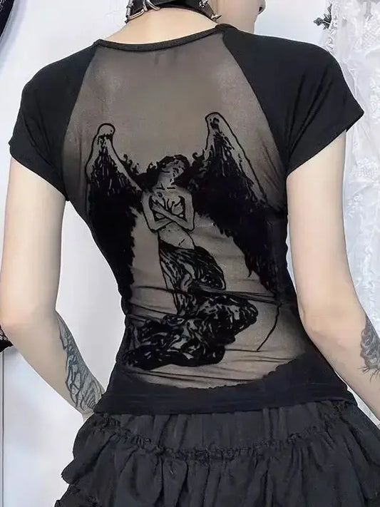 LVSANW Black Retro Angel Print T-shirt for Women 2024 Spring Fashion Slim Fit Tee Shirt Y2k E-Girl Long Sleeve Bottoming Tops Mujer New