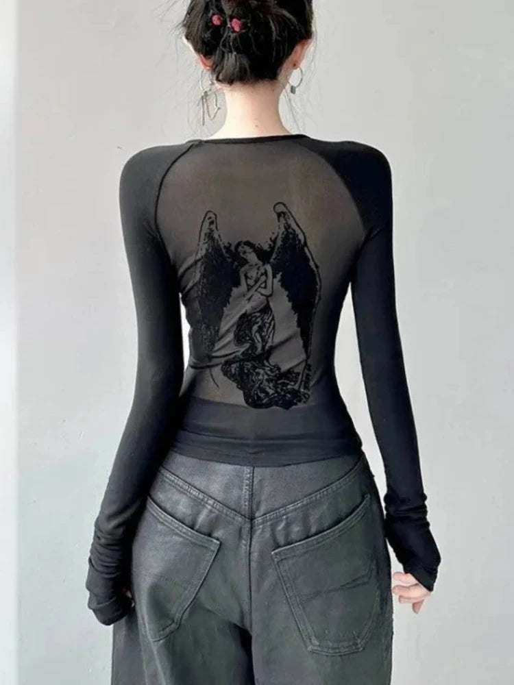 LVSANW Black Retro Angel Print T-shirt for Women 2024 Spring Fashion Slim Fit Tee Shirt Y2k E-Girl Long Sleeve Bottoming Tops Mujer New