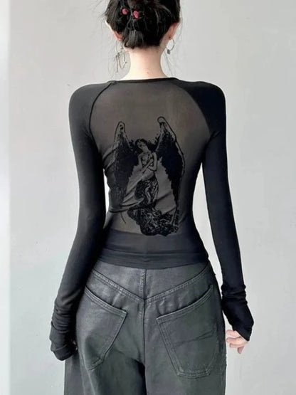 LVSANW Black Retro Angel Print T-shirt for Women 2024 Spring Fashion Slim Fit Tee Shirt Y2k E-Girl Long Sleeve Bottoming Tops Mujer New