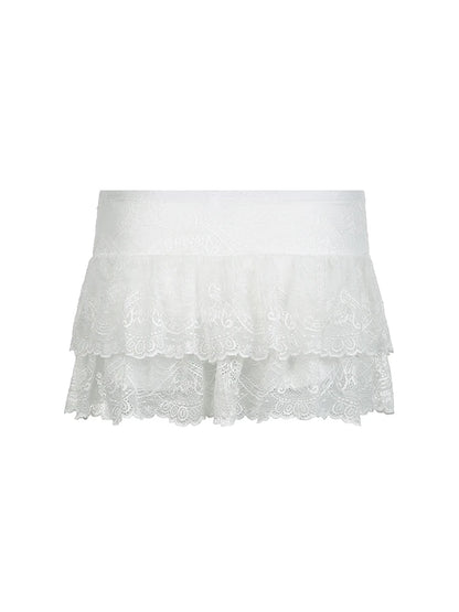 LVSANW Black Solid Low Waist Tiered Lace Shorts Skirts Womens White Fairycore Micro Boho Skirt