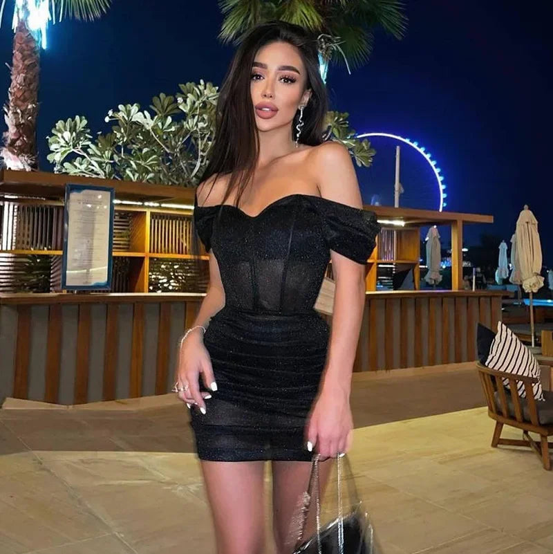 LVSANW Bling Glitter Women Short Sleeve Off Shoulder Corset Mini Dress Ruched Bodycon Sexy Party Elegant Festival 2024 Evening 294