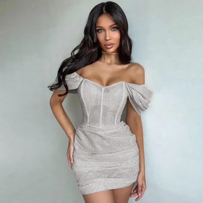 LVSANW Bling Glitter Women Short Sleeve Off Shoulder Corset Mini Dress Ruched Bodycon Sexy Party Elegant Festival 2024 Evening 294