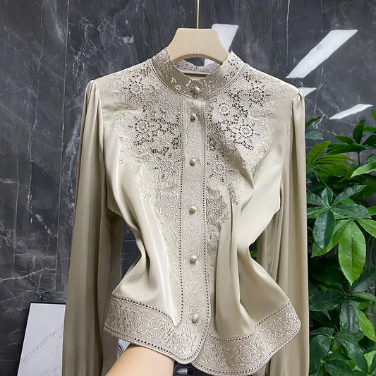 LVSANW Blouse female European and American embroidery stand-up collar long-sleeved heavy imitation silk mulberry shirt women autumn