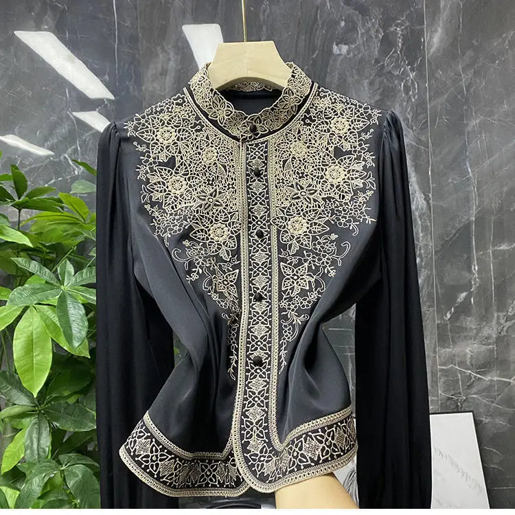 LVSANW Blouse female European and American embroidery stand-up collar long-sleeved heavy imitation silk mulberry shirt women autumn