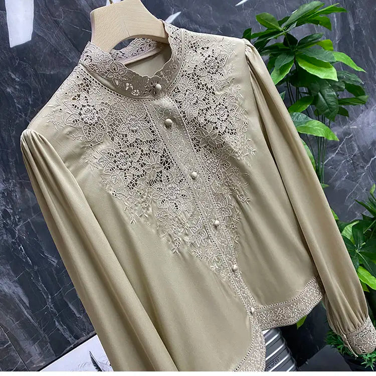 LVSANW Blouse female European and American embroidery stand-up collar long-sleeved heavy imitation silk mulberry shirt women autumn